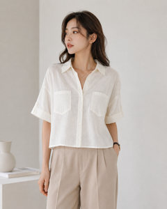 <b>Comfy</b> Textured Women's Button-Up with Chest Pockets for Office - Product Image 5