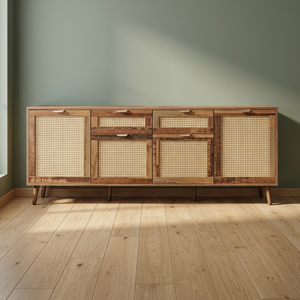 Buffet moderne en rotin 160 cm, console en bois recyclé avec 4 portes en rotin et 4 tiroirs, meuble de rangement bohème pour salon - Product Image 5