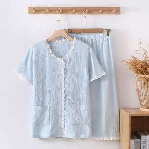 Vêtements de nuit d'été à manches courtes pour femmes Pantalon en pur coton avec taille élastique Vêtements de maison confortables pour femmes - Product Image 4