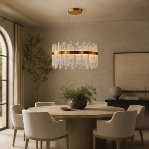 Luminaire suspendu circulaire en cristal pour intérieur, barre verticale transparente, anneau en laiton poli, lumière LED, télécommande, hauteur réglable pour - Product Image 1