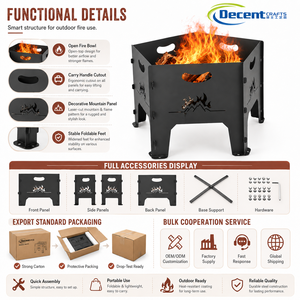 Brasero d'extérieur portable en fer à 4 pieds, avec poignée découpée au laser motif flamme montagne et emplacement hexagonal pour bâtons de feu - Product Image 2