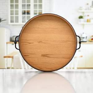 Grand <span class=keywords><strong>plateau</strong></span> ottoman rond - <span class=keywords><strong>Plateau</strong></span> <span class=keywords><strong>de</strong></span> service en bois <span class=keywords><strong>de</strong></span> style farmhouse <span class=keywords><strong>de</strong></span> 22 pouces <span class=keywords><strong>avec</strong></span> poignées métalliques - Planche à charcuterie ronde pour le salon - Product Image 4