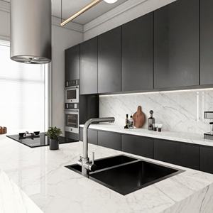 משטחי שיש לבן מודרניים הניתנים להתאמה אישית לקירות ורצפות של מסעדות, אבן סינטטית טבעית לאי מטבח פתוח - Product Image 1