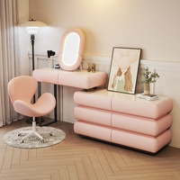 Coiffeuse en bois massif beige style crème avec plateau en pierre - Bureau de maquillage haut de gamme pour chambre à coucher avec coffre de rangement intégré