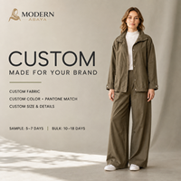 Ensemble coordonné modeste : Veste utilitaire à boutons-pression et pantalon large en coton et lin, couleur olive – Fabrication OEM/ODM sur mesure