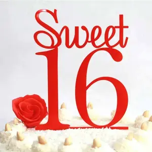 Topper kue akrilik merah manis 16 "Happy 16th kue ulang tahun akrilik sisipan kartu manis 16 merah dekorasi kue ulang tahun