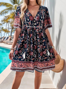 Nuovi Abiti Estivi da Donna alla Moda, Vestiti a Maniche Corte con <span class=keywords><strong>Stampa</strong></span> Floreale <span class=keywords><strong>Etnica</strong></span>, <span class=keywords><strong>Abito</strong></span> Corto Casual con Scollo a V per Ragazze - Product Image 6