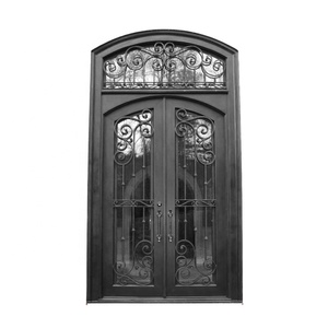 Puertas de hoja forjada de pavo real fundido para residentes, corte láser de fuego, cabina de entrada de arco de Arabia con 3 ventanas y puerta de hierro interior - Product Image 2