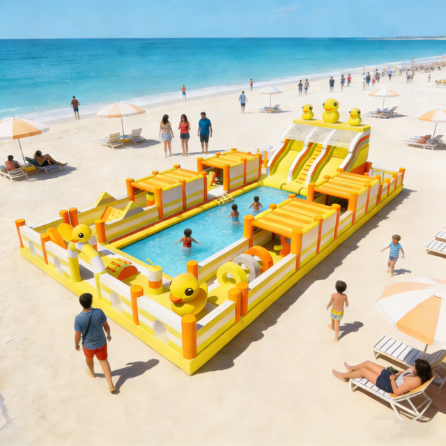 Giant Kiddyson Water Park Equipment Yellow Duck Theme Inflatable Obstacle Course Slide Pool Kids PVC Sport for Park 500kg