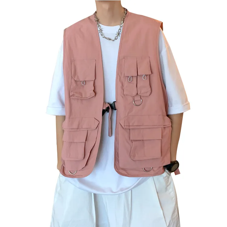 Hip Hop Multiple Pocket Personality Cargo Waistcoat Utility Sleeveless Vest for Men