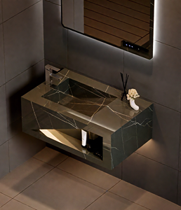 ชุดโต๊ะเครื่องแป้งในห้องน้ำแผ่นพื้นหินแบบบูรณาการสีดำฟ้าผ่าดีไซน์กระจก LED อ่างล้างมือในห้องน้ำสุดหรู - Product Image 4