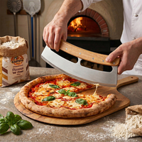 Coupe-pizza à double manche en bois, lame en acier inoxydable, grand format, avec couvercle en plastique