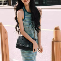 Robe sans manches en nylon, nouveau style d'été, amincissante et élégante, effet amincissant, longue, moulante, rayée, illusion de silhouette de déesse