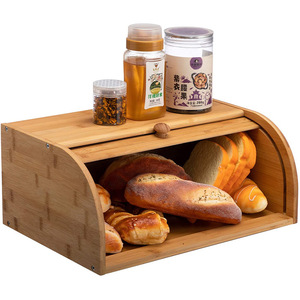 Boîte à pain en bambou à couche unique avec porte à volet roulant, organisateur de cuisine, conteneur de rangement anti-poussière pour pain et collations - Product Image 3