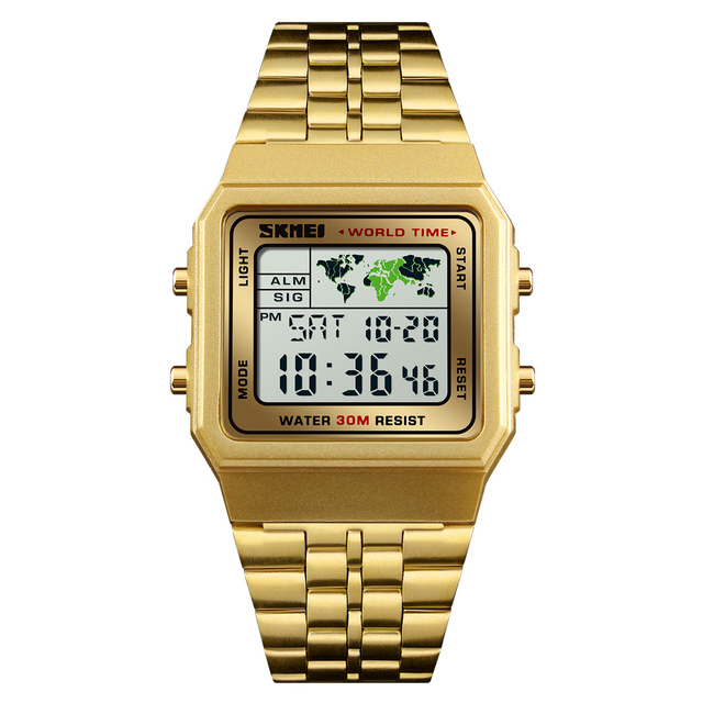 Skmei 1338 Men World Time Watches 30ATM Waterproof Luxury Dual Time Square Face Gold Wrist Watch