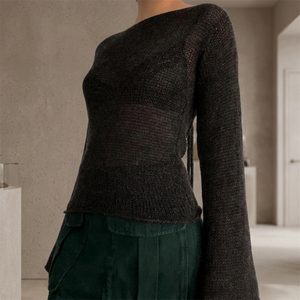 Y2K 2023 เสื้อแขนยาวผู้หญิงคอปาดสีดำโครเชต์แบบสวมลำลองไซส์ M - Product Image 3