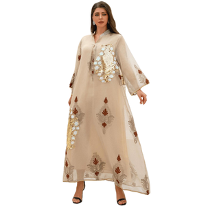 Vestido Abaya Elegante con Cuello en V de Poliéster para Eid, Otoño - Túnica Musulmana Bordada con Lentejuelas hasta el Tobillo para Emiratos Árabes Unidos, Qatar, Kuwait (MOQ Bajo) - Product Image 2