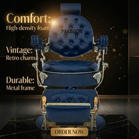 Fauteuil de Barbier Vintage de Luxe avec Cadre Doré, en Cuir PU Bleu, Inclinable, pour Hommes, Salon de Coiffure