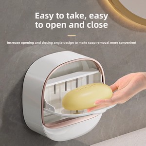 Jabonera de plástico moderna para montar en la pared, sin perforaciones, con drenaje, para el hogar, baño, almacenamiento de esponjas y más. - Product Image 3