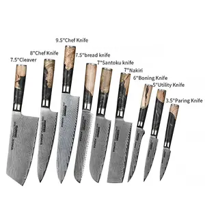 9pcs Japanese Carbon Steel Sharp Chefs 67 Layers Damascus Knife Set With Luxury Black Resin Handle