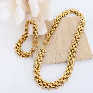 Personalized Thick Chain Gold Necklace Bracelet Stainless Steel Non Tannish Fashion Hip Hop Jewelry Set for Women