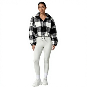 Chaqueta de lana a cuadros para mujer, cuello alto, con cremallera, longitud corta, manga larga, ropa de abrigo cálida para invierno - Product Image 1