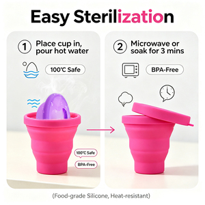 Stérilisateur de coupe menstruelle réutilisable en silicone de qualité médicale écologique et étui de rangement pliable, compatible <span class=keywords><strong>micro</strong></span>-<span class=keywords><strong>ondes</strong></span>, directement de l'usine OEM - Product Image 2