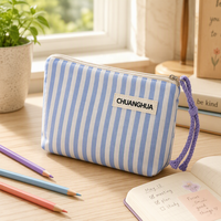 Tas Kosmetik Bergaris Kanvas dengan Ritsleting, Dompet Makeup, Tempat Pensil, Organizer Perlengkapan Mandi, Tas Clutch untuk Wanita, Cocok untuk Perjalanan