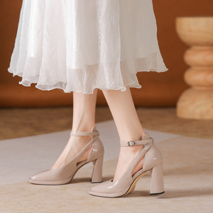 Y9521-3 Patent Leather D'Orsay <b>Heels</b> Pointed Toe Block <b>Heel</b> Ankle Strap Buckle 5-8cm High <b>Heel</b> Anti-Slippery Office Women Shoes - Product Image 1