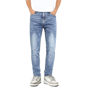 Jeans de Mezclilla Ajustados para Hombre, Color Azul Claro, Elásticos, Casuales, Cómodos, para Invierno, Uso Diario, Estilo Urbano, Etiqueta Personalizada - Product Image 1