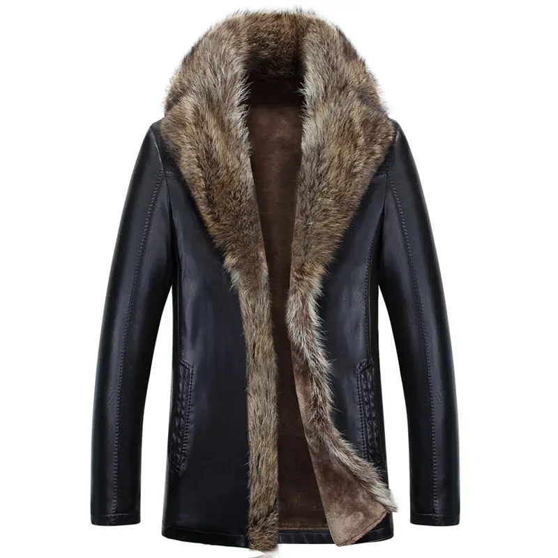 High Quality Plus Size Long Winter Fur Collar Wool Coat Leather Jacket Men Overcoat