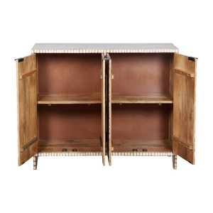 Hand-Carved Wooden Sideboard <b>Cabinet</b> with Sunburst Design | Antique <b>White</b> 2-Door <b>Storage</b> Console | Vintage Living Room - Product Image 4