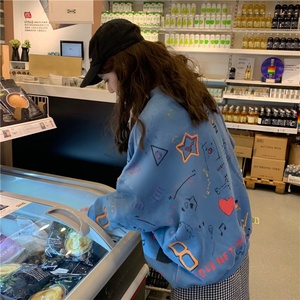 Sudaderas de punto forradas para mujer, tops holgados con estampado de grafiti, manga larga, moda urbana, sudaderas casuales de otoño e invierno - Product Image 4