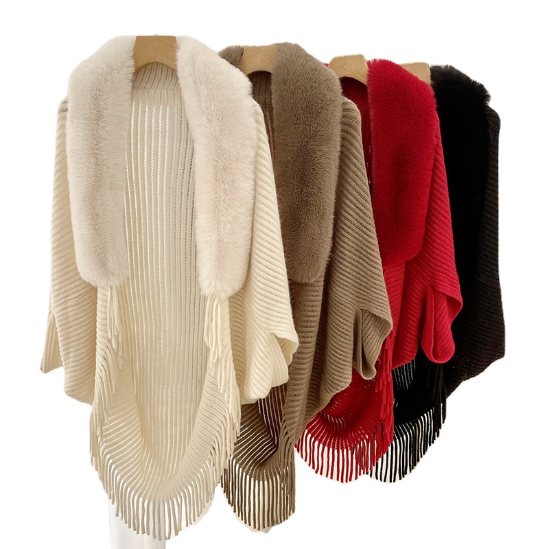 Nuovo inverno da donna con collo in pelliccia sintetica scialle lavorato a maglia moda elegante Poncho a pipistrello mantello lungo con Cardigan con nappe