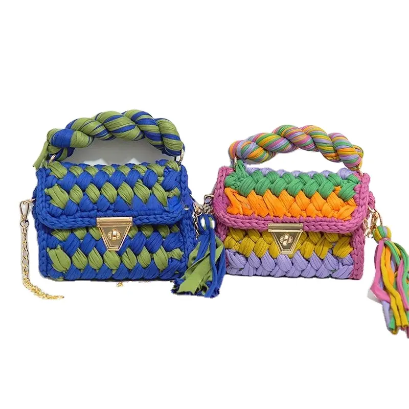 2024 Ins trendi musim gugur wanita warna-warni pelangi tas rajutan mewah buatan tangan Crochet dompet dan tas tangan wanita