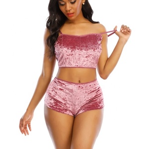 Ensemble Lingerie Sexy pour Femme, Pyjama en Velours, Vêtement de Nuit Cami et Short, Nuisette avec Dentelle et Bretelles - Product Image 1