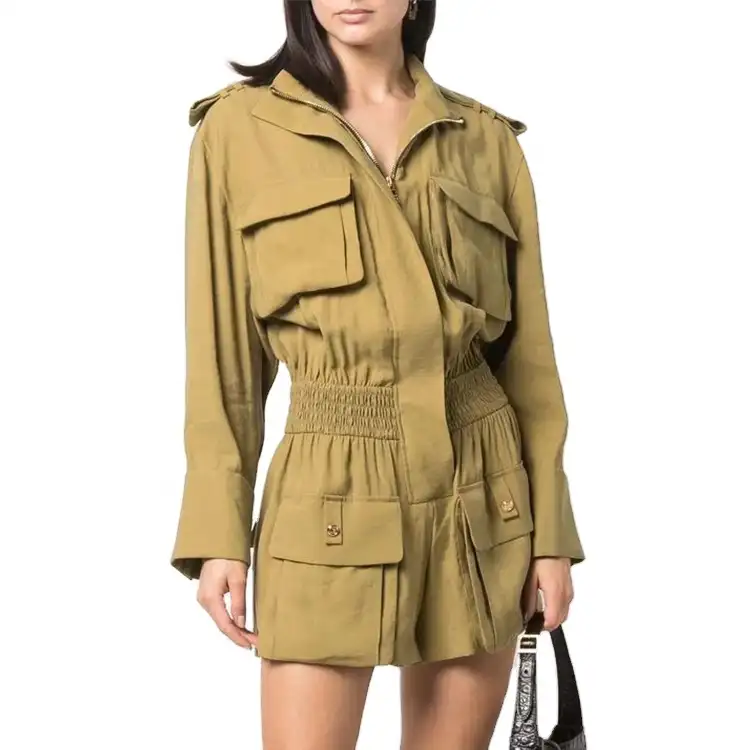 2022 son tasarım tarzı askeri üniforma tarzı elastik shrink pilili bel tulum kadın uzun kollu kısa tulum