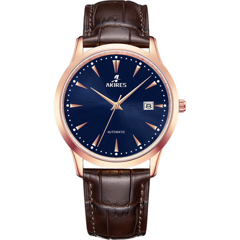 Rose gold case blue dial brown band