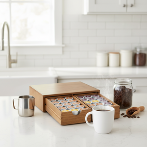 Organizador de cápsulas de café personalizado, de doble nivel, ecológico, estilo vintage, de madera, para encimera, con cajón para cápsulas K-Cup, para el hogar <span class=keywords><strong>y</strong></span> la oficina. - Product Image 5