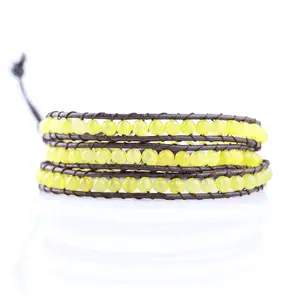 2024 Vintage Wrap Bracelets Women Vintage Design Yellow Mountain Jade Beads 3 Wraps Rope Leather Bracelet Bangles For Women
