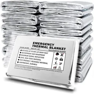 12 Pack Prix Usine Dispositifs de Premiers Secours Type Feuille Imperméable Argent d'urgence mylar Couverture Thermique pour la survie en plein air