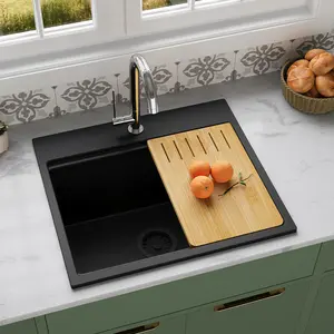 Fregaderos de cocina de montaje superior de un solo cuenco compuesto de granito blanco y negro de nuevo diseño, fregadero de cocina de piedra de cuarzo de doble cuenco