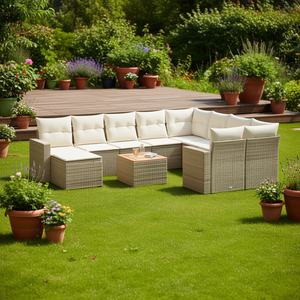 Conjunto de Sofás Modulares de Ratán Beige para Jardín, Muebles de Exterior para 10 Personas, Diseño Contemporáneo - Product Image 2