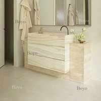 BYOY008 Vasque de salle de bain moderne en bois massif sculpté à cannelures, vasque en pierre d'onyx blanche pour hôtel et villa