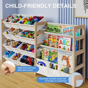 Organizador de Juguetes 2 en 1 con 4 Estantes para Libros y 12 Contenedores de Almacenamiento para Habitación Infantil, Sala de Juegos, Dormitorio, Guardería, Blanco - Product Image 5