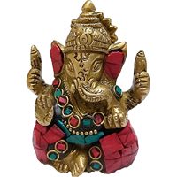 PARIJAT HANDICRAFT Statue en laiton massif de couleur or Seigneur Ganesh Dieu hindou Éléphant Turquoise Gemme-Pierre Bénédiction Seigneur coloré
