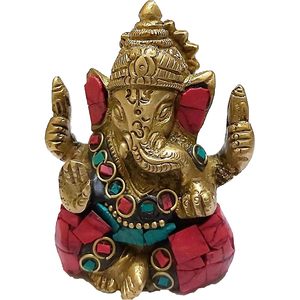PARIJAT HANDICRAFT's Gold-Colored Solid Brass Statue Lord Ganesh Hindu God Elephant Turquoise Gem-Stone Blessing Colored Lord - Product Image 2
