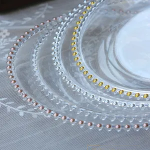 Wedding 13 inch Decorative Round Acrylic Clear Plastic Charger Plate with Gold Beads Rim for Event Dinner Plate