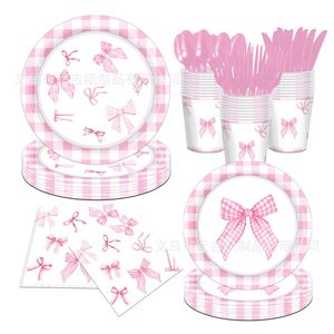 Pink Bow Themed Party Tableware Set Paper Cups Napkins <b>Disposable</b> <b>Plates</b> Party Supplies Kit - Product Image 1