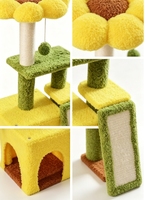 Arbre à chat multi-niveaux vert et jaune Tournesol avec tunnel-caverne, rampe en sisal, plusieurs plateformes, poteau à gratter en sisal et éléments suspendus